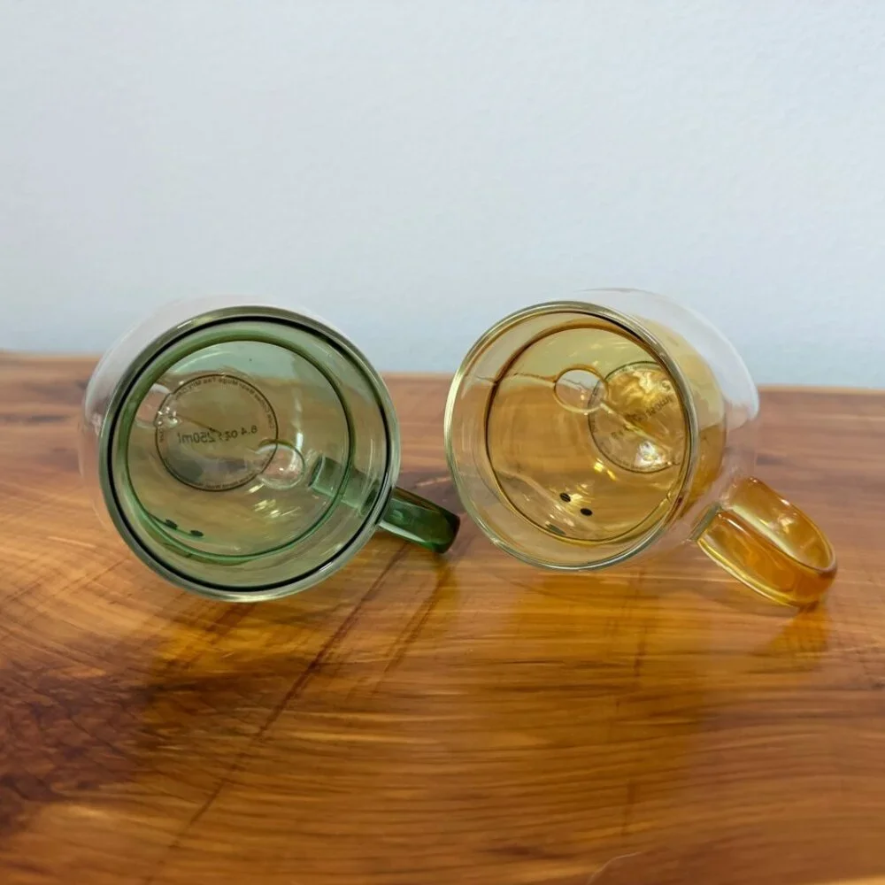 Set of 2, Double Wall Clear Glass 3D Bear (Green/Yellow) Coffee/Tea Mugs.